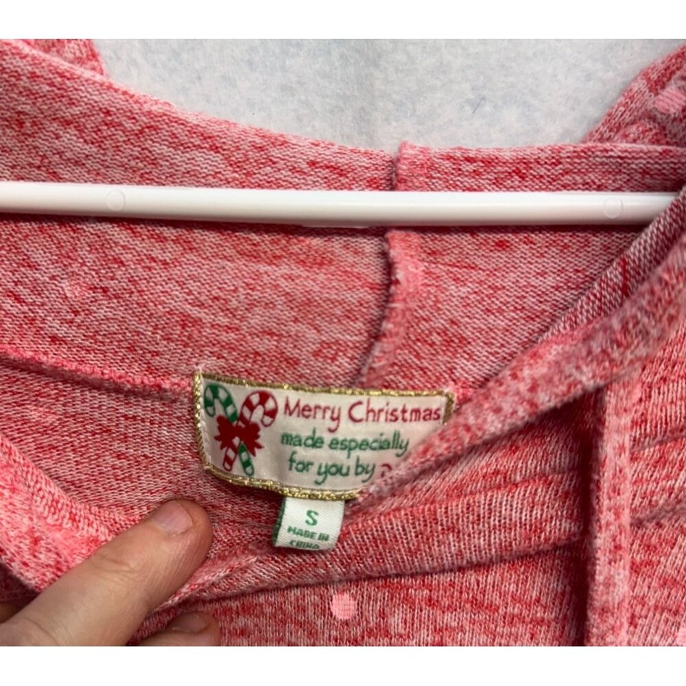 Red Heathered Hoodie W/ Gold Glitter Deer Print Polka Dot Pattern Size Small - Picture 3 of 9